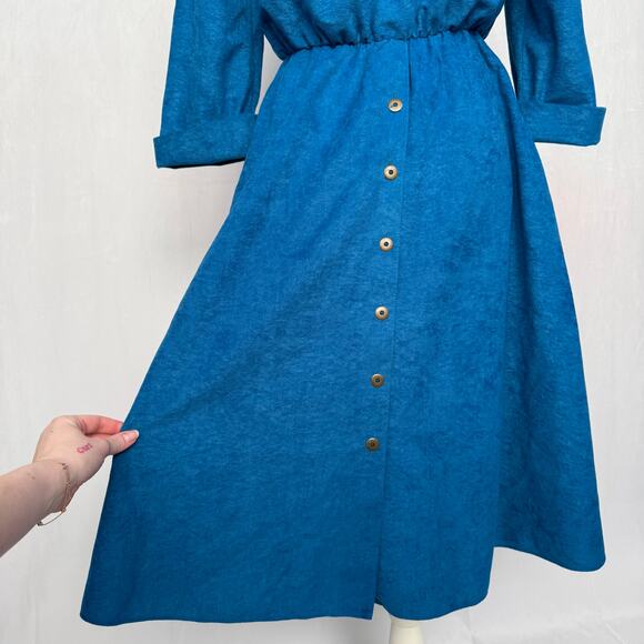 Reworked Vintage 80s S.L. Petites Blue Suede-Look Midi Dress, Size 8 - Picture 9 of 11
